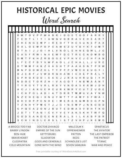 Historical Epic Movies Printable Word Search Puzzle