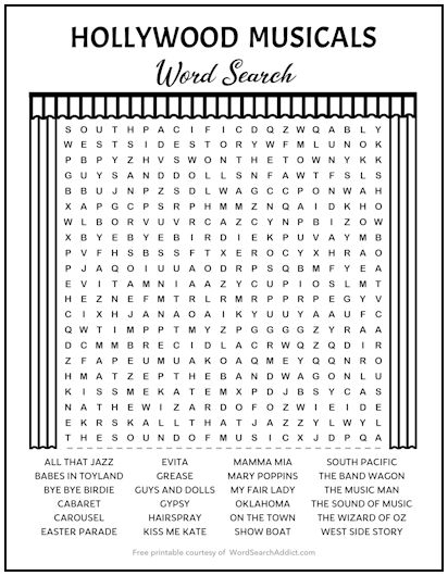 Hollywood Musicals Printable Word Search Puzzle