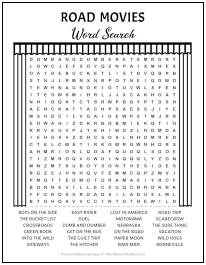 Road Movies Printable Word Search Puzzle