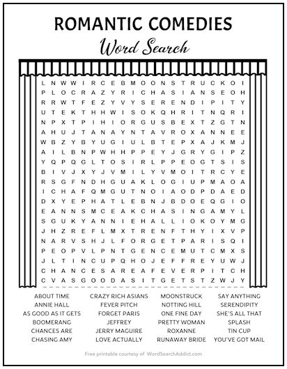 Romantic Comedies Printable Word Search Puzzle