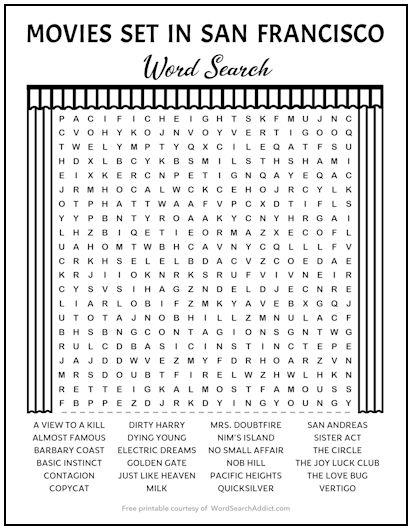 San Francisco Movies Printable Word Search Puzzle