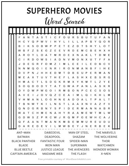 Superhero Movies Printable Word Search Puzzle